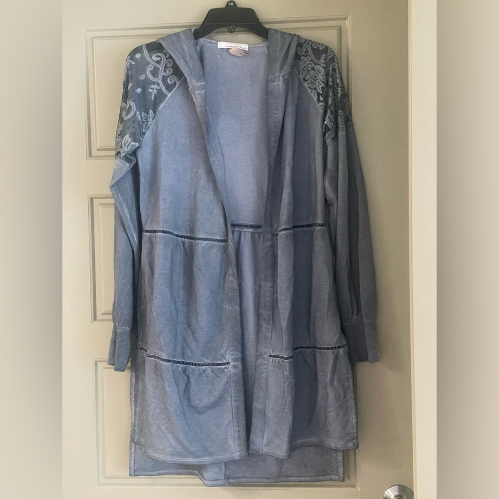 Blue Open Front Cardigan/Long Jacket with Floral lace on shoulders